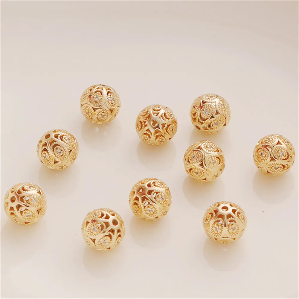 

14K Gold Plated Skeleton Beads Set Zircon 10mm Ball DIY Bracelet Necklace Earrings Loose Beads