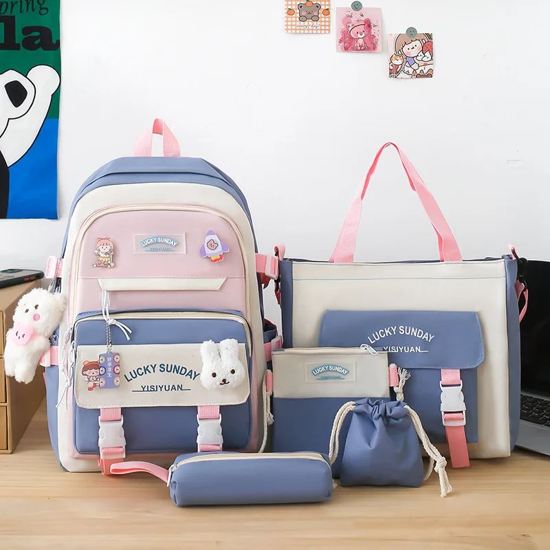 

5 Piece Set School Bags For Teenager Girls Kawaii Women Backpack Student Waterproof Canvas School Backpack Mochilas Rucksacks