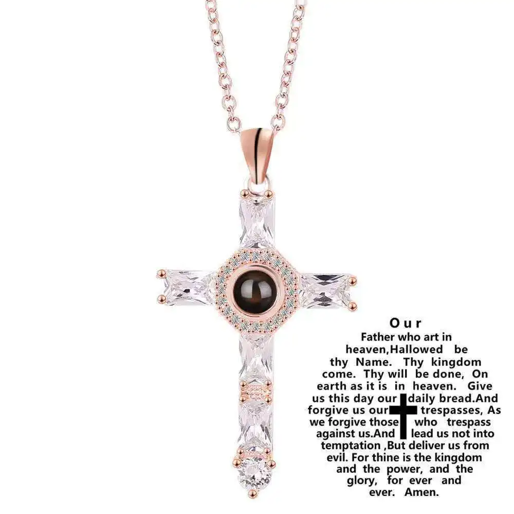 HIBODY Picture Text Custom Zircon Necklace Shining Cross Projection Necklace Jewelry Gift for Relatives and Friends