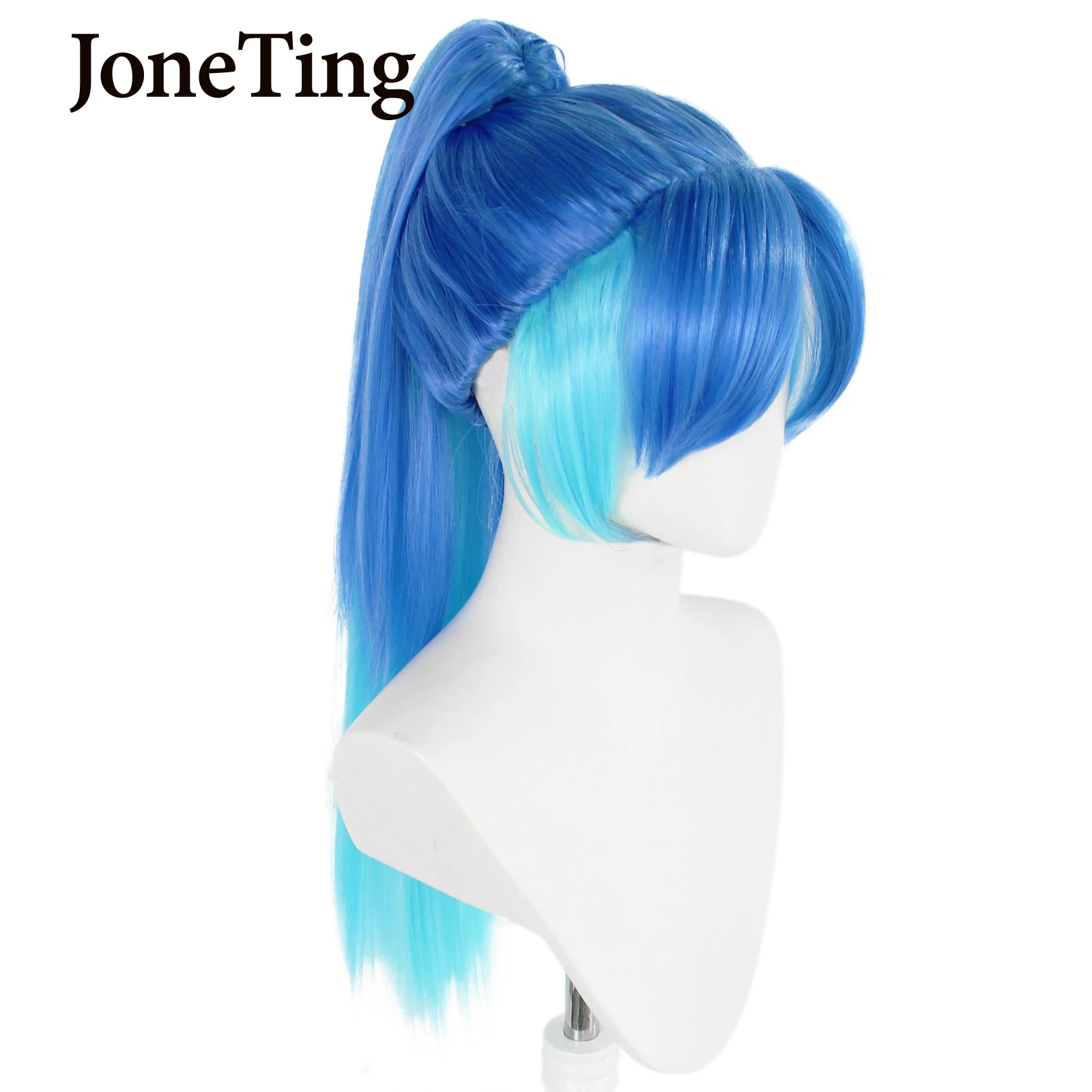 JT Synthetic Blue Long Straight Hair with Bangs Wig Lolita Light Blue Hair with Ponytails Cosplay Wig Heat Resistant Fiber Wig