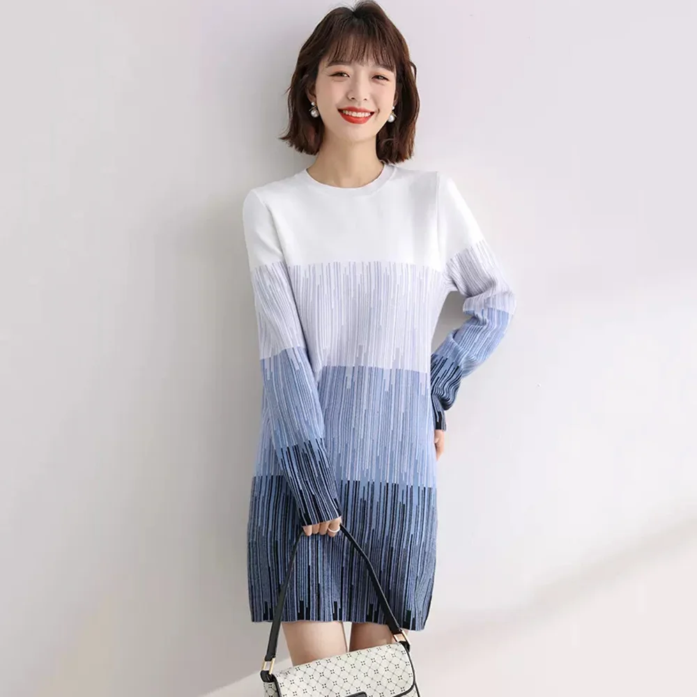 

Women New Sweater Dress Autumn Winter Casual Fashion O-Neck Vertical Stripes Basic Knitting Sweater Loose Pullover Knitwear Blue