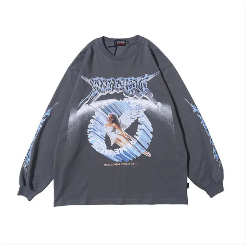 

Sale Men Hip Hop t Shirt Oversize Streetwear Retro Angel Print Harajuku Tshirt Loose Hiphop T-shirt Cotton Tops Tees Long Sleeve