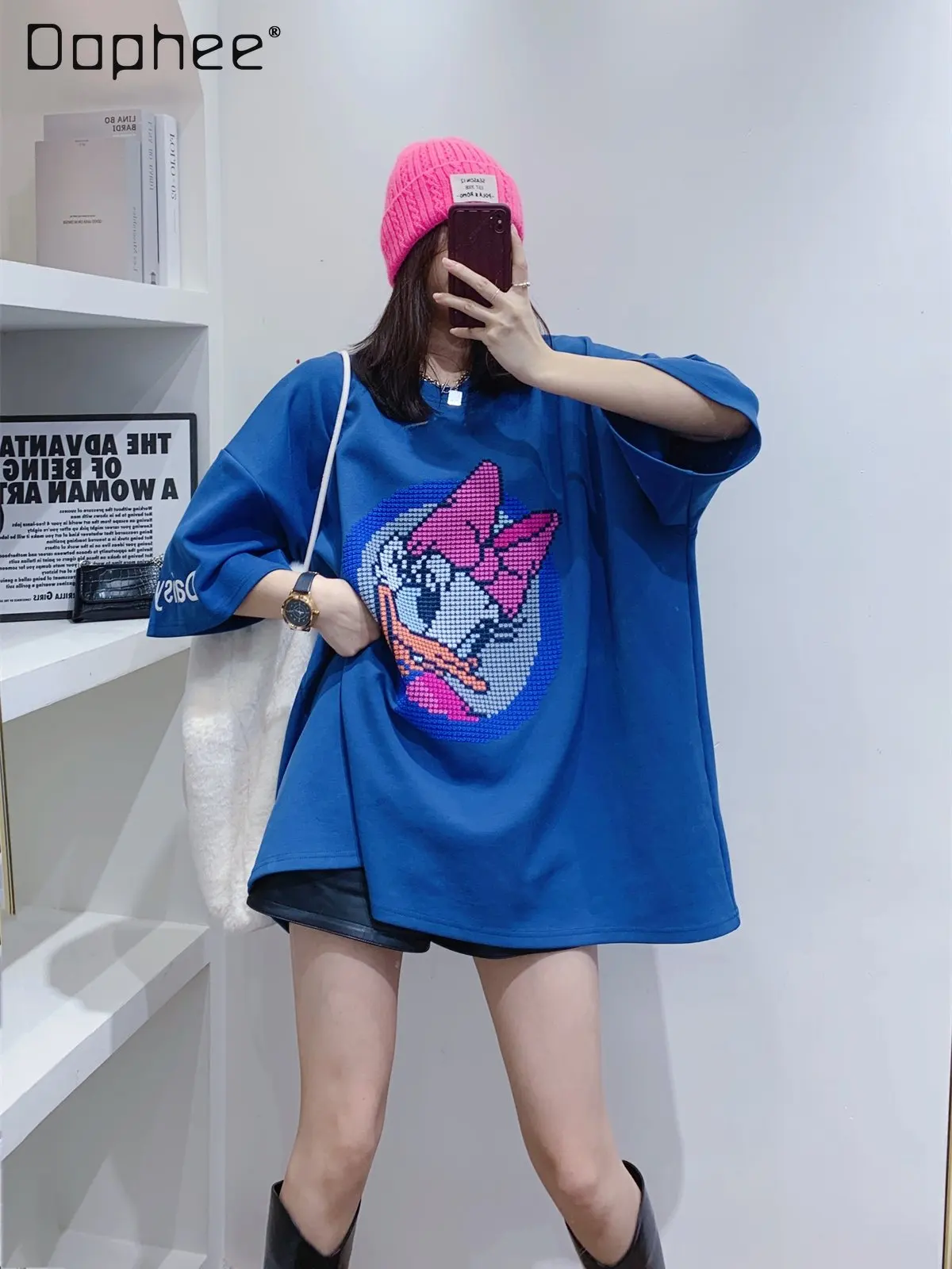 

Oversized Short-Sleeved T-shirt Women's Fashion Embroidery Cartoon Letters Thick White Loose Round Neck Pullover Mid-Length Top