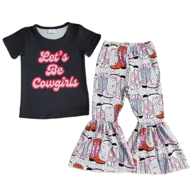 

Топ и низ с надписью Let's Be Cowgirl, черный комплект из 2 предметов для девочек 1-10 лет, одежда для малышей, стильные летние костюмы
