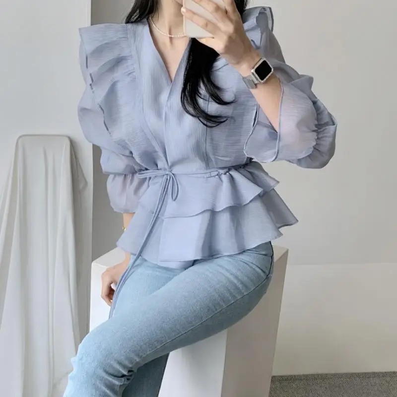 

Spring V-Neck Ruffle Shirt Woman Fashion Flared Sleeve Lace Up Pullover for Women's Cute Simple Solid Long Sleeve Ladies Top