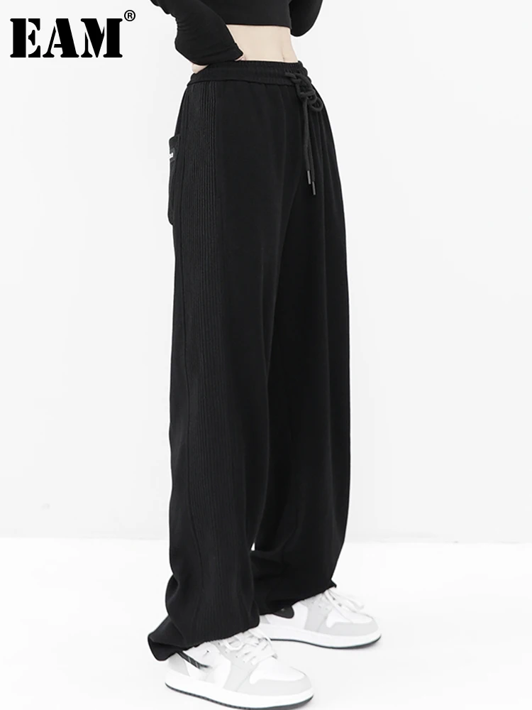 

[EAM] High Elastic Waist Black Casual Long Wide Leg Trousers New Loose Fit Pants Women Fashion Tide Spring Autumn 2022 1DE6396