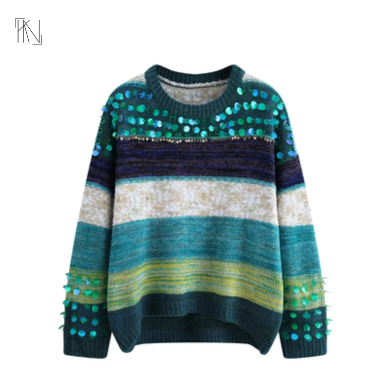 

Gradient Striped Round Neck Pullover Jumper Women 2022 Autumn New Fashion Loose Korean Version of The Knitted Sweater