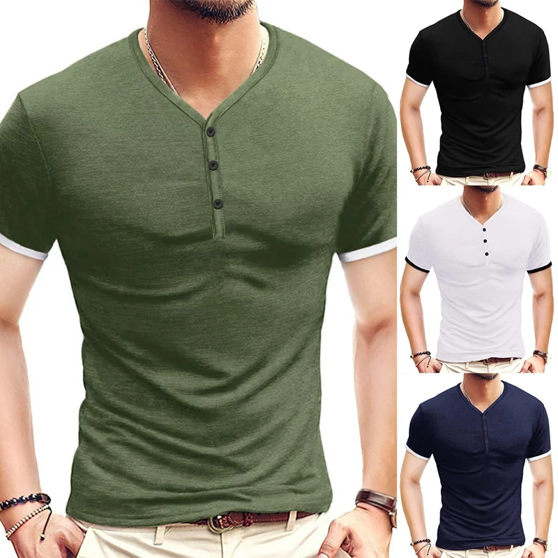 

Популярная мужская модная повседневная Однотонная футболка Kf на пуговицах с V-образным вырезом и коротким рукавом, топы
