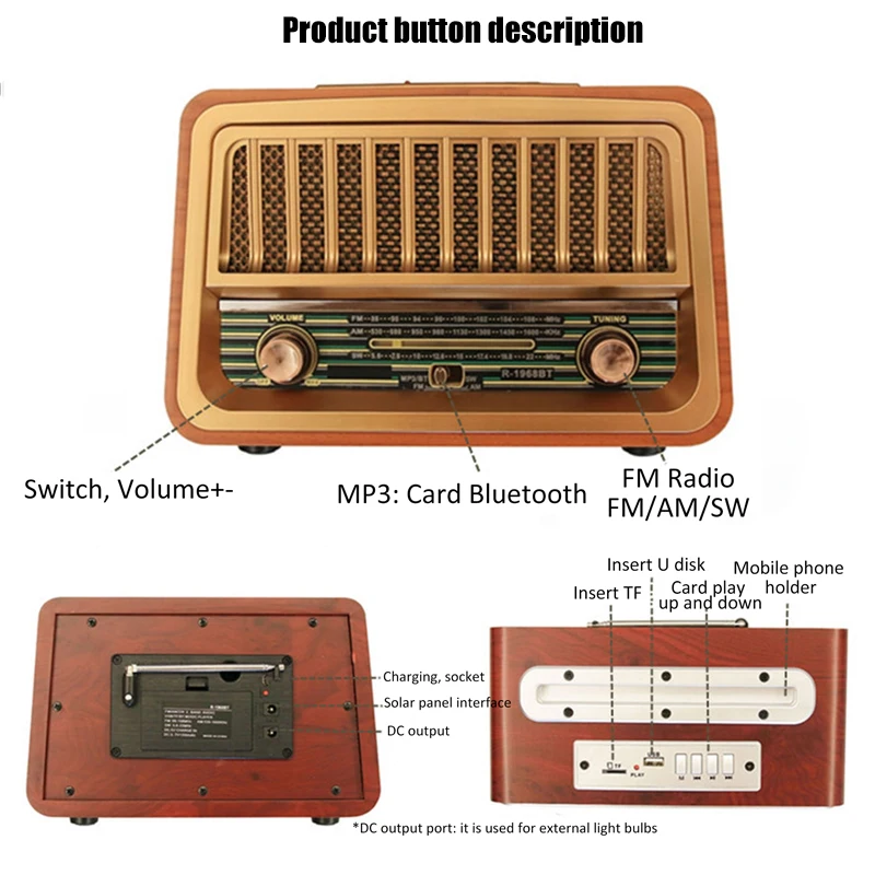 Ретро портативный полный диапазон радио FM/AM/SW приемник беспроводной Bluetooth