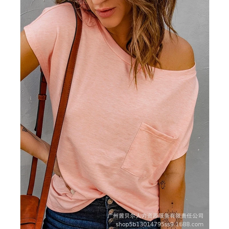 

Summer Sexy Loose Pockets Stitching T-shirt Women T-shirt Top Women Short Sleeve O-Neck Off Shoulder Slash Neck Pullover T-shirt