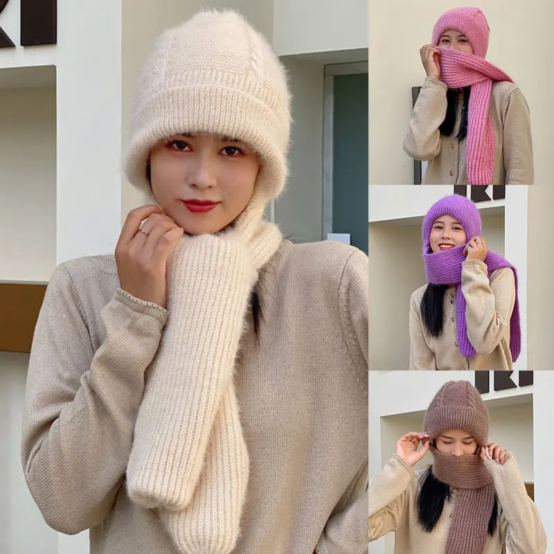 

8 Colors 2 In 1 Windproof Knitting Hat Scarf Set Warm Women Winter Outdoor Travel Hiking Beanies Shawl Caps Bonnet One Piece