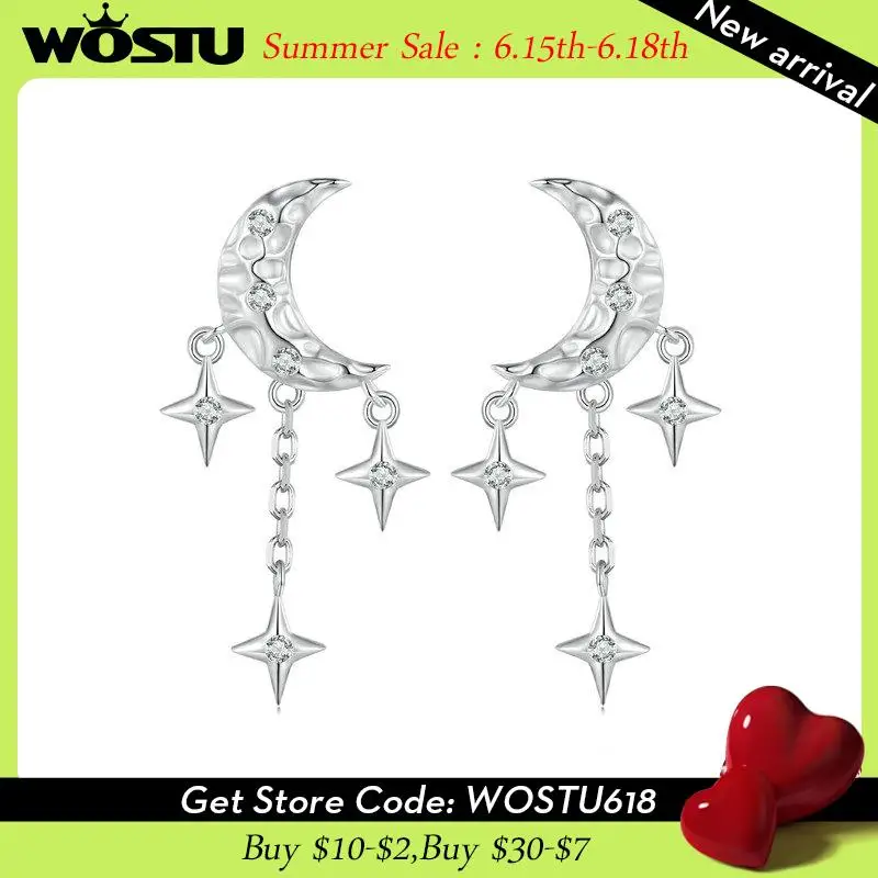 

WOSTU 925 Sterling Silver Moon Star Tassel Earrings For Women Elegant Shiny CZ Drop Dangle Earring Wedding Jewelry Party Gift