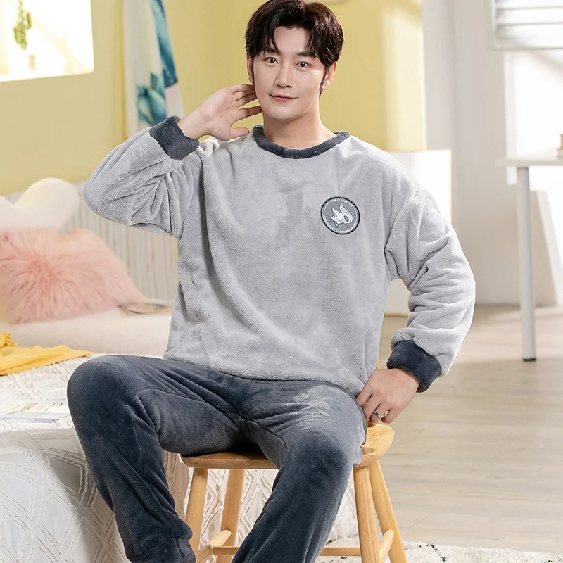 2022 Winter Long Sleeve Thick Warm Flannel Pajama Sets for Men Korean Loose Coral Velvet Sleepwear Pyjamas Homewear Home Clothes