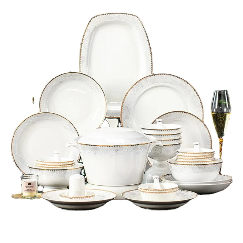 

Jingdezhen Bone China Bowl and Dish Set Light Luxury High-End Move House House Moving Bowls and Plates Tableware