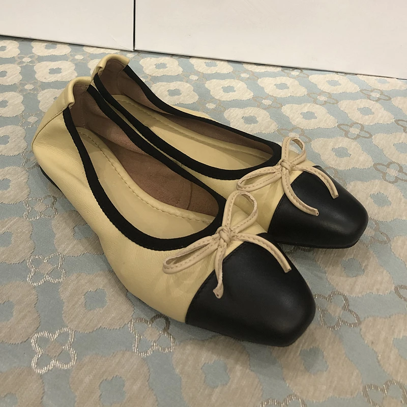 

New 2023 Bowknot Sheepskin Flat Bottom Ballet Shoes leather Soft and Comfortable Women's Shoes Drive Walk Large Size 35-42