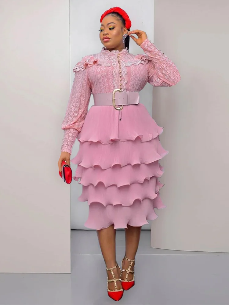 

Elegant Women Layer Dress Princess Lace Bead Buttons Large Size Long Sleeve Puffy Pleated Dress for Bitthday Party Date Night