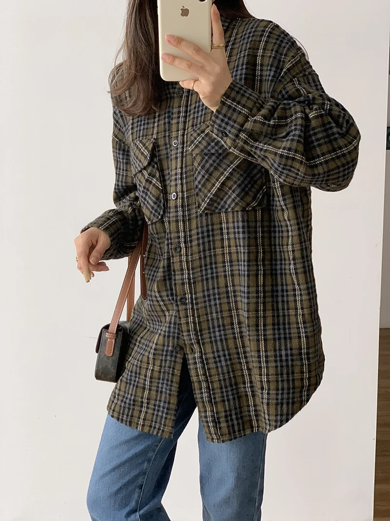 Navy Blue Plaid Blazer Suit Women Casual Cardigan Style Shirt Blazer Office 2023 New Street Fashion Single Commute Suit Breasted