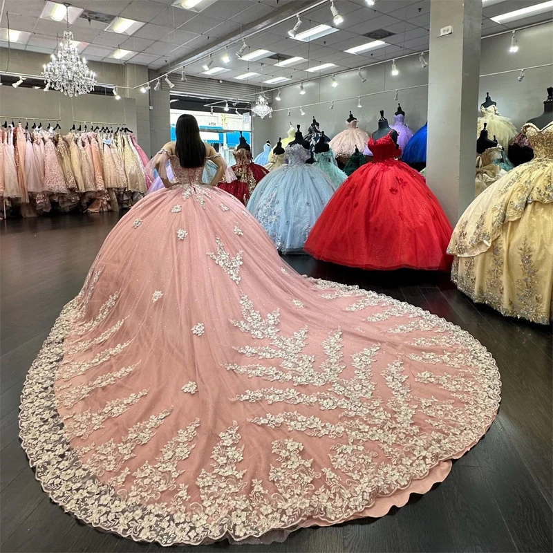 ANGELSBRIDEP Pink Quinceanera Dresses With Hand Gold 3D Flower Appliques Lace Cinderella 16 Princess Gowns Vestidos De 15 Anos