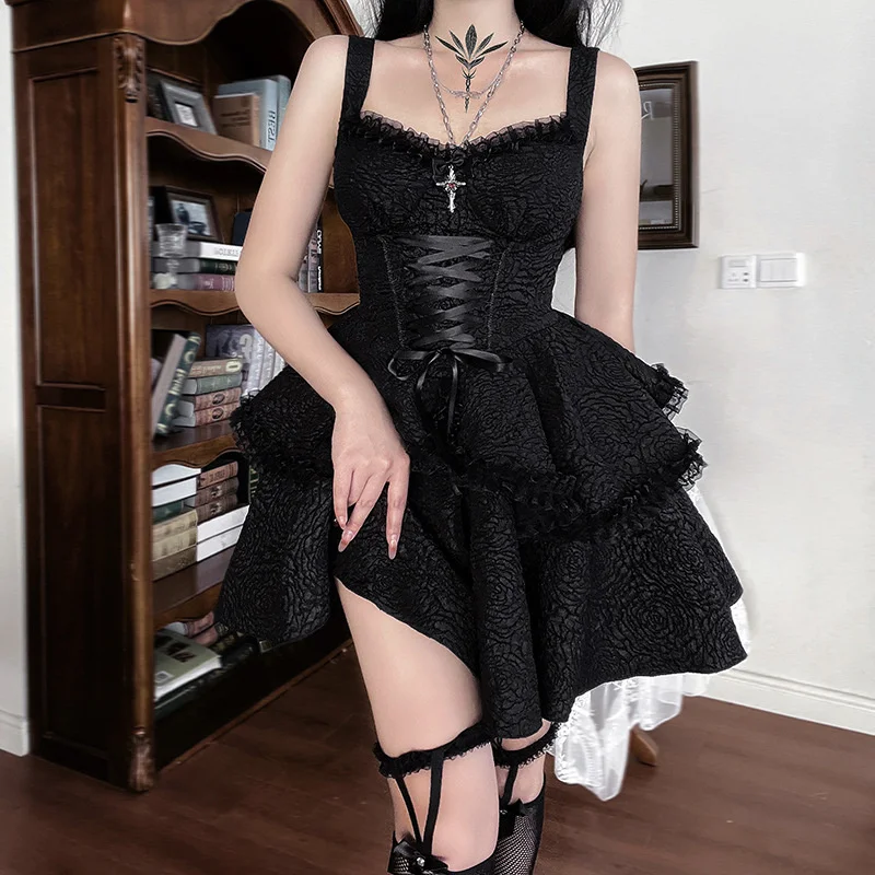 

New Designed Goth Fashion Lady Dress Ruffle Backless Slim Solid Color Pullover Lace Up Gothic Style Sexy Ladies Suspender Dress