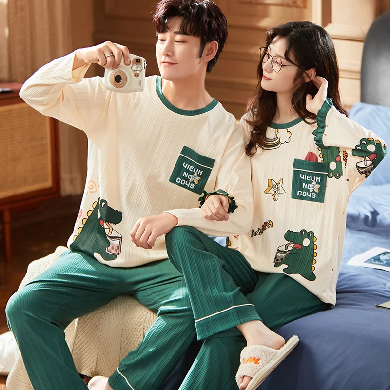 Autumn Couple Pyjamas Cotton Pj Set Man Women Cartoon Sleepwear Pajama Set Pijamas Mujer Homme Nightwear Home Clothing Drop Ship