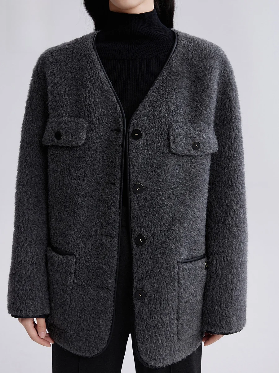 HS Темно-серая изящная верхняя одежда 2023 зимняя новая женская шерстяная модная High