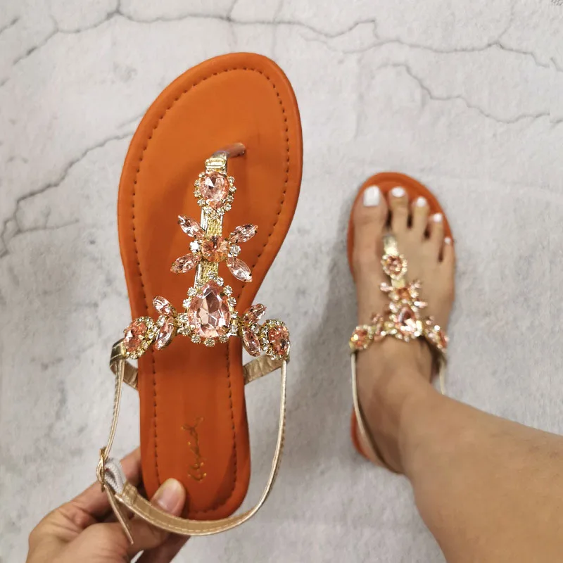 

2023 Trendy Summer Women's Shoes Large Size Beautiful Crystal Shiny Flat with Female Sandals Bohemia Back Strap Footwear