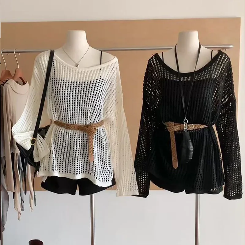 Hollow Out Knit Sweater Women Y2K Summer Sexy Slash Neck Long Sleeve Tops Fashion Loose with Belt Solid Female Pullovers