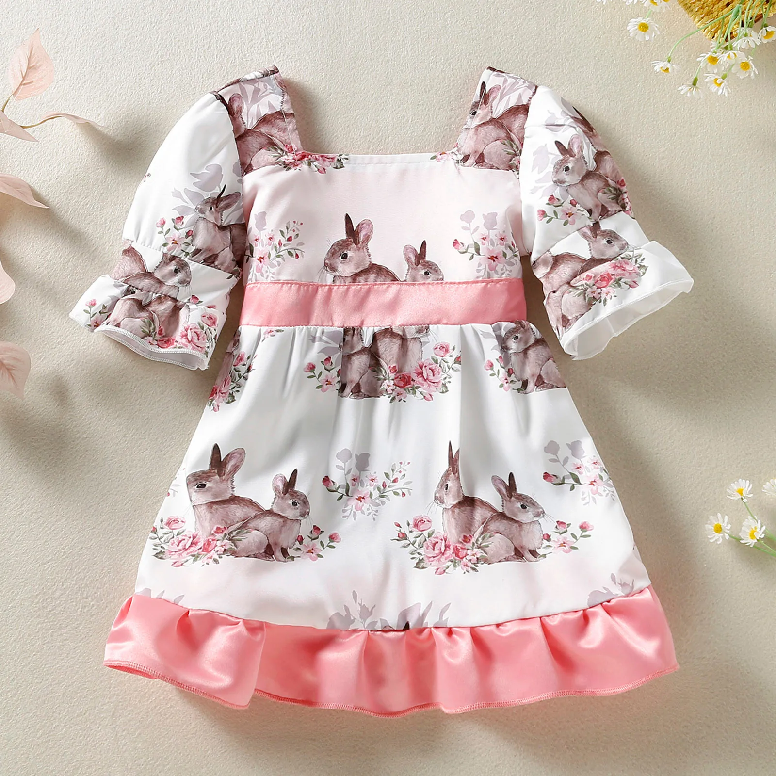 

0-4 Years Toddler Baby Girls Easter Outfits Party Dress Short Sleeve Cartoon Rabbit Printed Ruffles Bowknot Princess Dresses