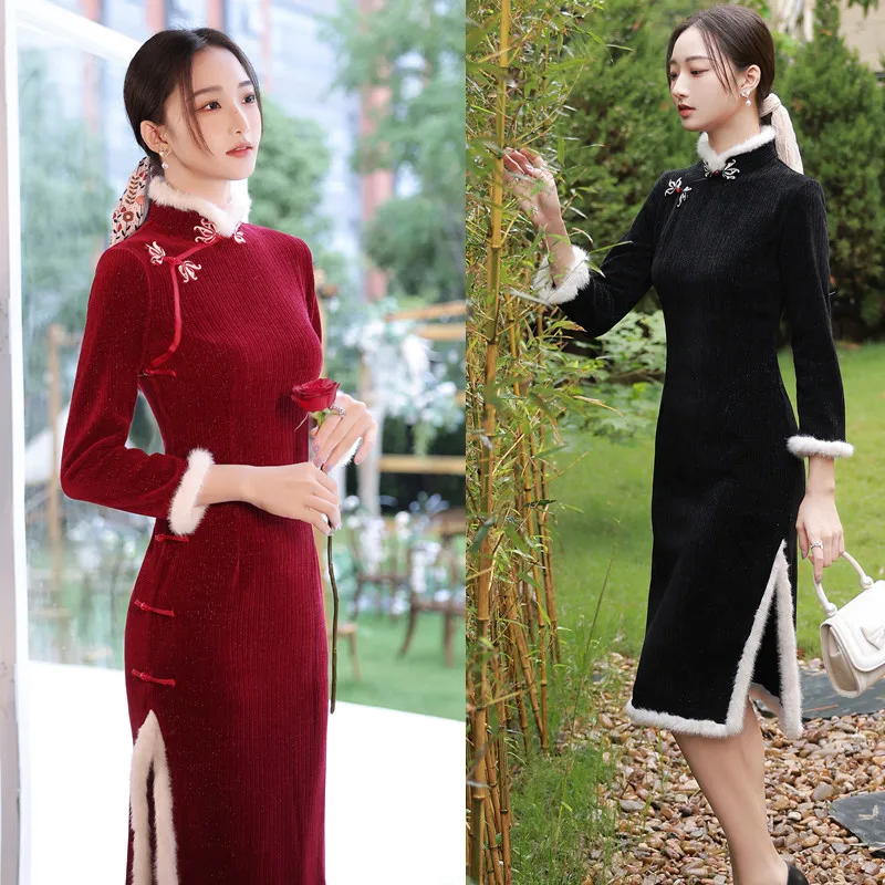 

Fur Classic Mandarin Collar Chinese Dress Vintage Button Cheongsam Slim Slit Evening Party Gown Autumn Winter Qipao Club Vestido