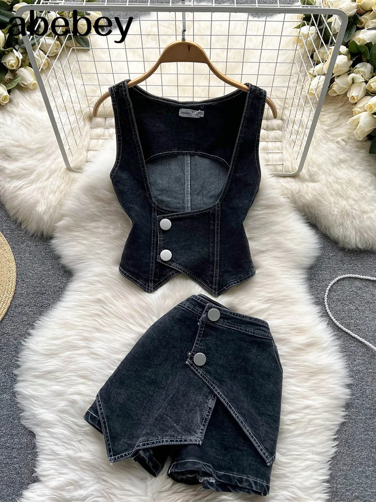

2022 Women SexyTwo Piece Dress Suit Sets Denim Sleeveless Tank Top & Split Short Skirt Two Piece Set