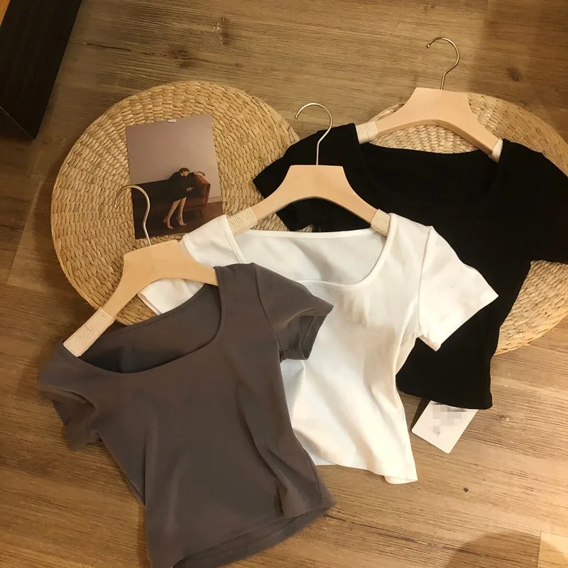 

Summer Square Collar Short Sleeve T shirts Lady White Crop Tops Female Soft Casual Tees Women's Black Gray T-shirt All Match