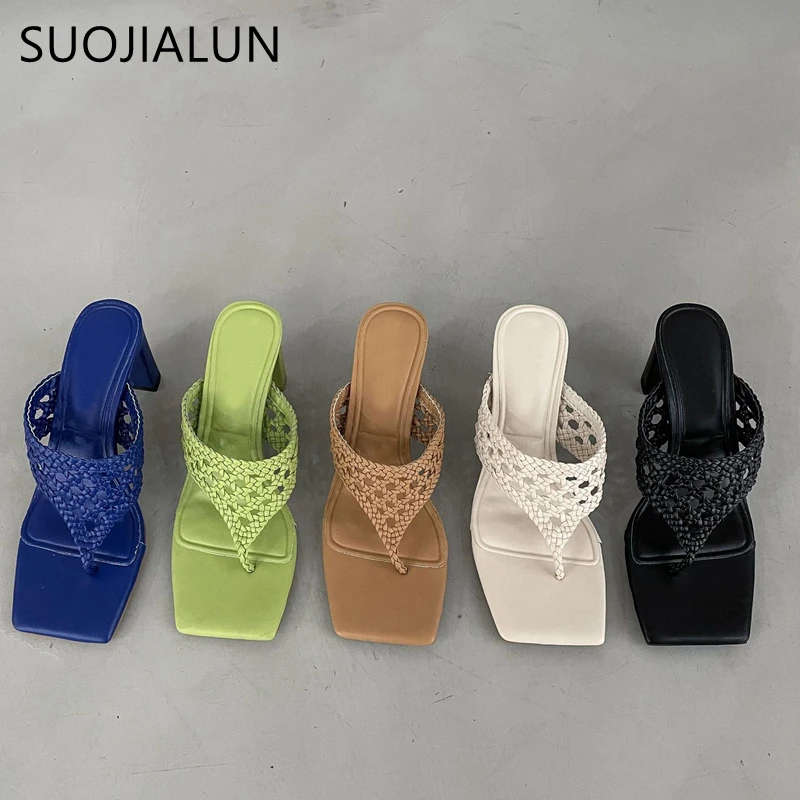 

SUOJIALUN 2022 Summer Women Slipper Fashion Weave Ladies Elegant Sandal Shoes Square High Heel Slides Outdoor Casual Flip Flops