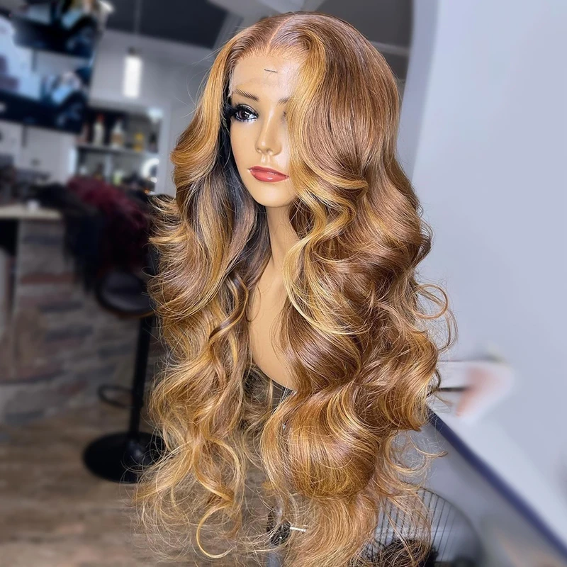 

Glueless 26 inch Highlight Honey Blonde Body Wave Full Lace Wig European Human Hair For Women Baby Hair Preplucked Remy Daily