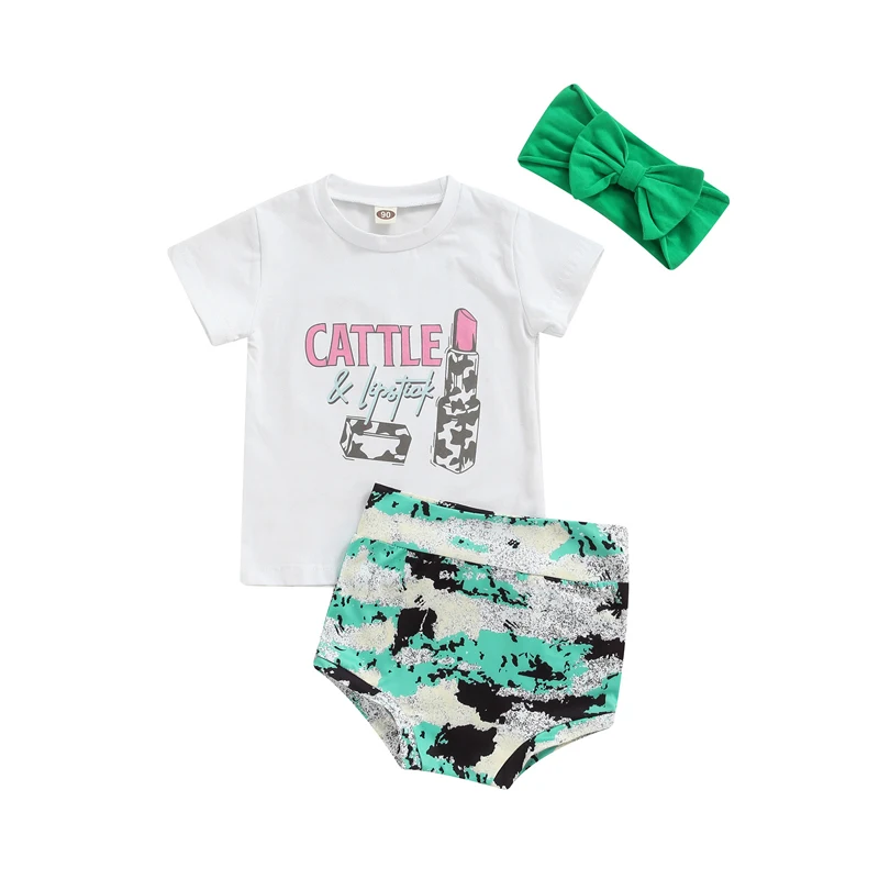 

Toddler Baby Girl Three Piece Set, Round Neck Short Sleeve Lettering T-shirt Casual Elastic Waist Shorts Bow Headband