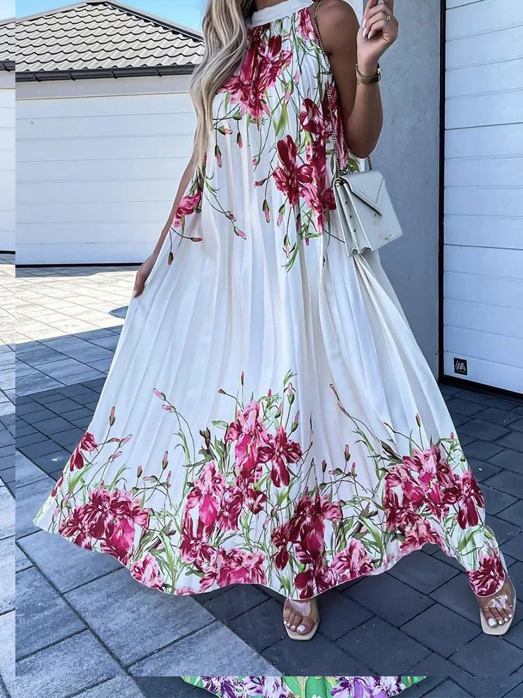 

2022 Sexy Halter Neck Off Shoulder Long Pleated Dress Female Trend Printed Pattern Boho Dress Fashion Sleeveless Hem Party Dress