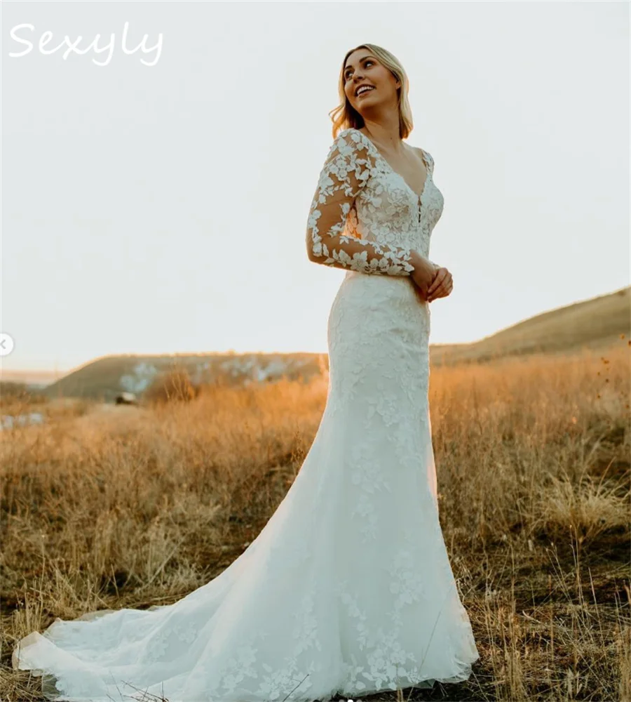 

Dream Mermaid Lace Wedding Dress 2023 Sexy V Neck Long Sleeve Rustic Country Bridal Dresses Backless Elegant Civil Boho Bride