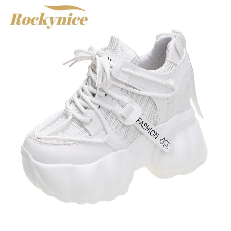 

2023 Spring Women Lace-up Mesh Chunky Sneakers White 11CM High Platform Ulzzang Leather Shoes Breathable Casual Sport Dad Shoes