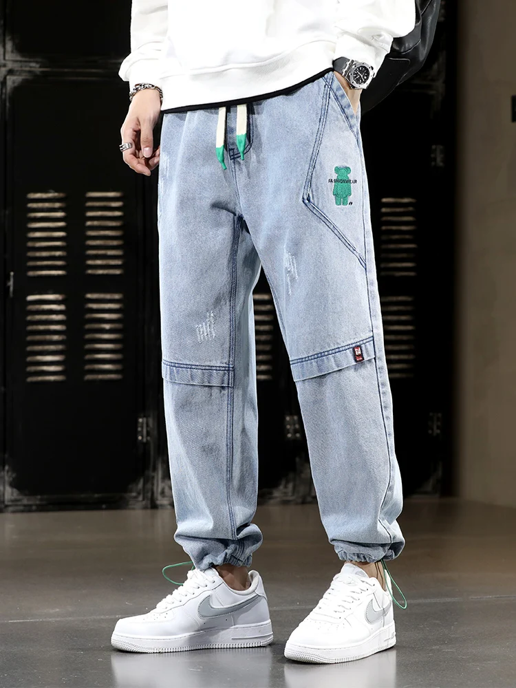 

Spring 8XL Pluse Trousers Men's Denim Baggy Cotton Straight Jeans Bear Joggers Summer Casual Male Size Pants Jean Fashion
