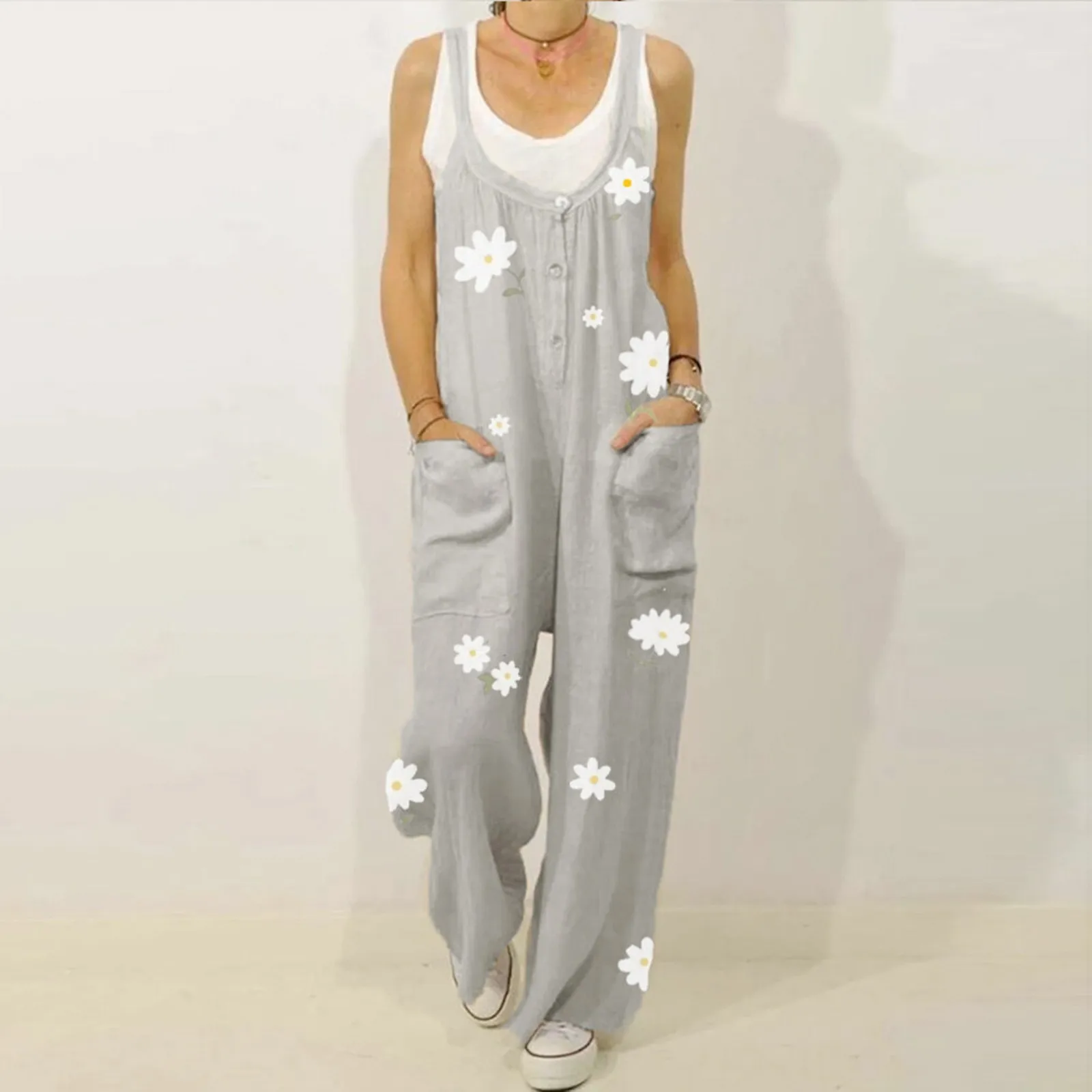 

Casual Jumpsuit Women 2023 Summer Fashion Daisy Flower Print Jumpsuits Large Pocket Loose Wide Leg Rompers Bib Overalls Outfits