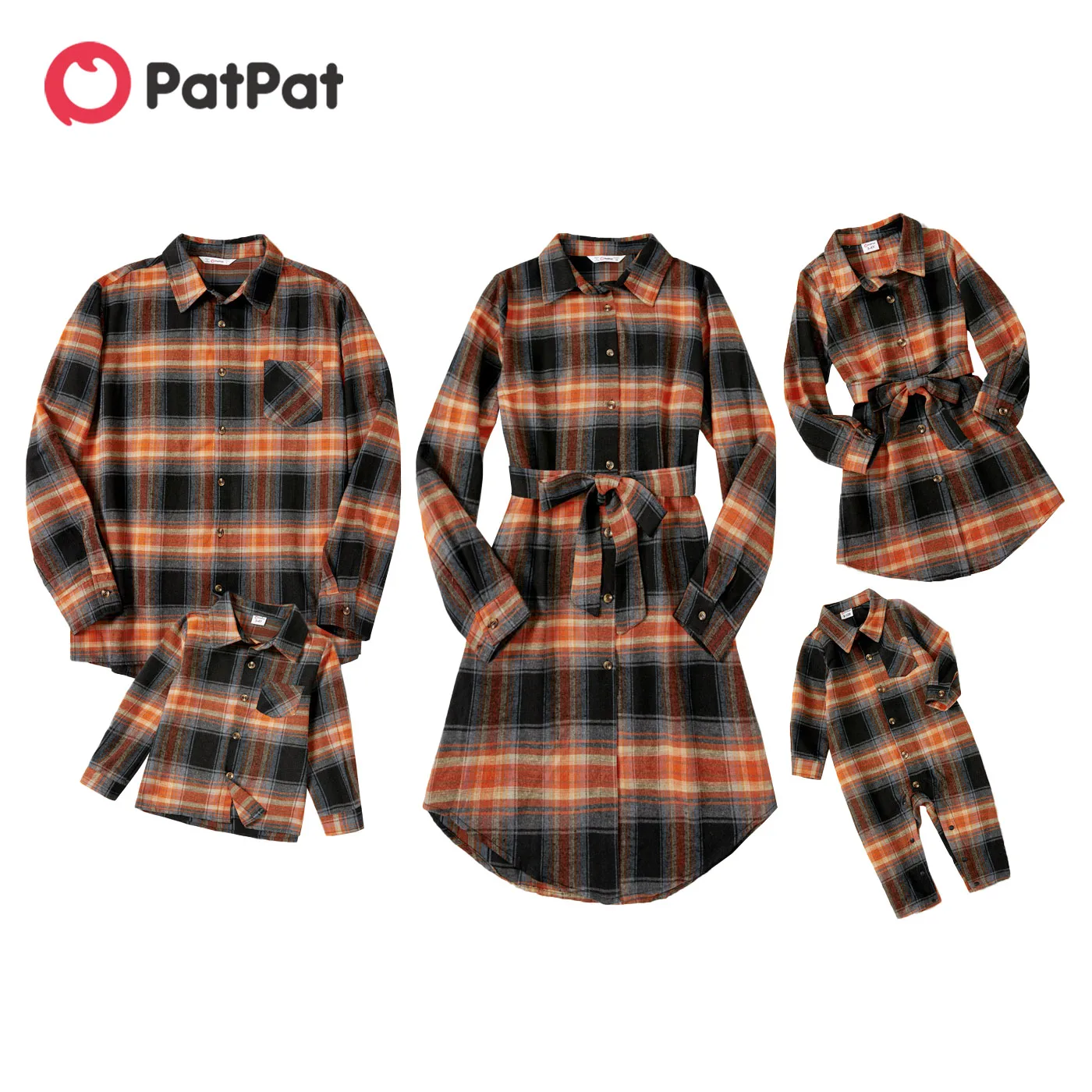 

PatPat Christmas Family Matching Brown Plaid Button Front Shirts and Long-sleeve Belted Dresses Sets