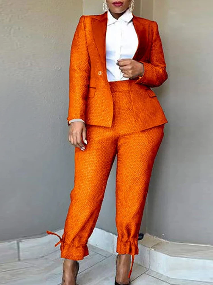 Casual Women Suits 2 Piece Blazer Sets Elegant Jacket Haren Pants Suit Professional Party Business Outfits Spring Fall Orange
