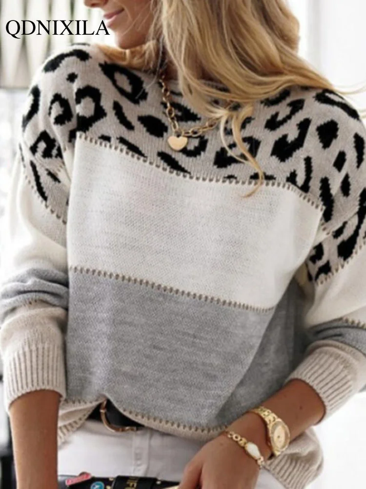 

2022 Autumn Winter Color Leopard Print Knitting Round Neck Casual Long Sleeve Pullover Korean Streetwear Oversize Sweater Women