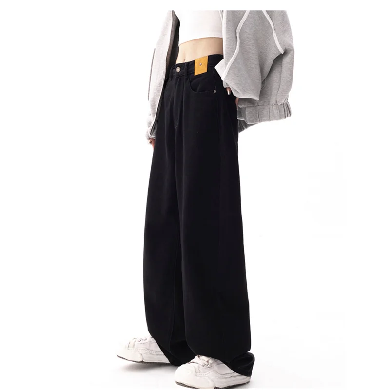 Women's 2022 New Pattern Vintage Recreational Black Mopping The Floor Broad Leg Jeans Loose Straight Cylinder Trousers Autumn