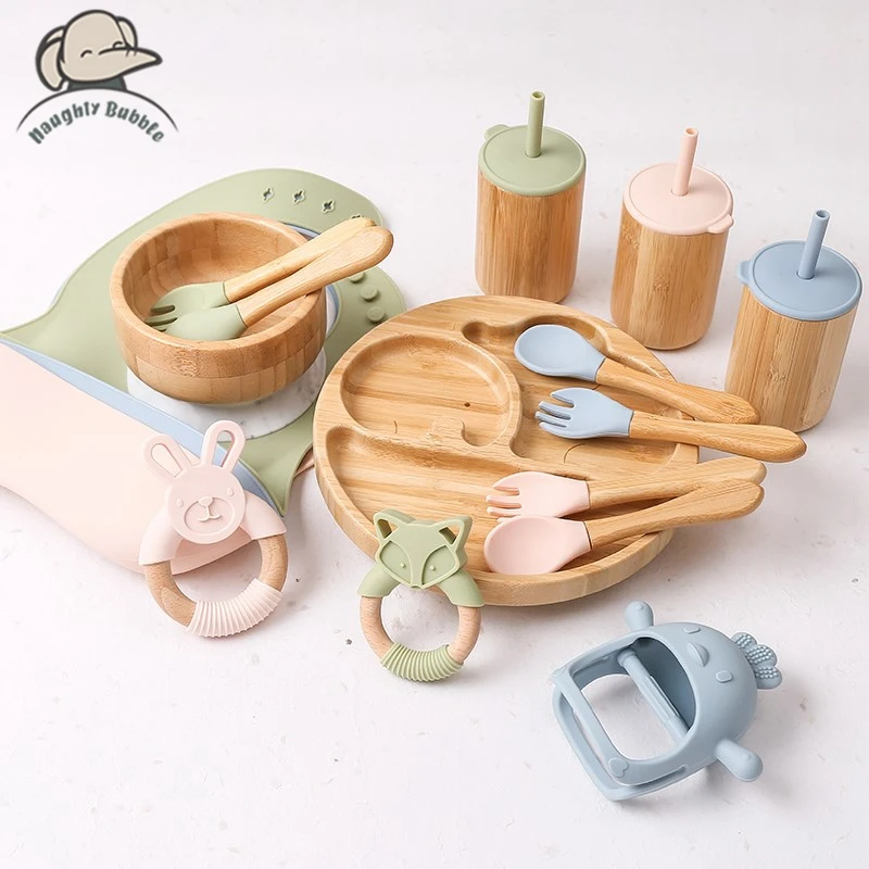 

Baby Tableware Set Feeding Bowl Dinner Plate Cup Bibs Spoon Fork Bamboo Wooden Children's Feeding Dishes Sets BPA Free Non-Slip