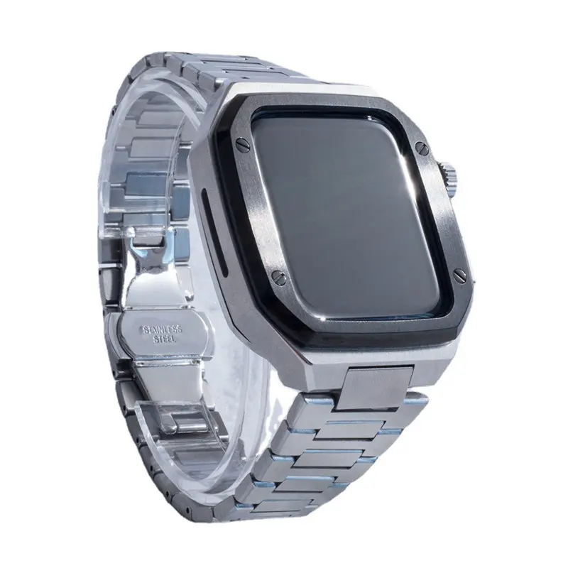 44mm 45mm Stainless Steel Luxury Kit Metal Bezel Frame Case With Smart Watch Strap Fit For Iwatch 4567 Series Watch