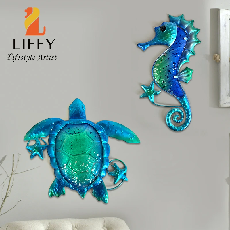

Metal Blue Sea Turtle Seahorse with Glass Wall Art for Home Decorative Objects Sculpture Statue of Living Room Bathroom Pool