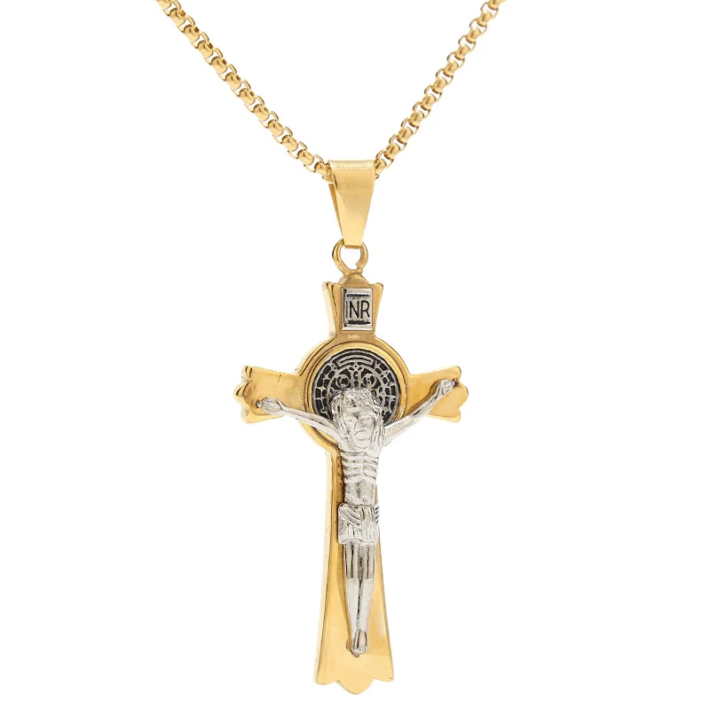 

Позолоченное ожерелье из нержавеющей стали с крестом Святого католика Бенедикта и Сан-Иисуса на цепочке 3:1 Фигаро для мужчин ювелирные изде...