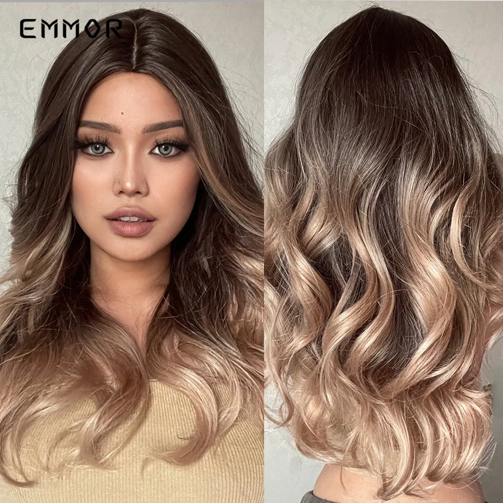 

Emmor Synthetic Ombre Black to Blonde Long Light Highlight Wavy Hair Wigs High Temperature Layered Cosplay Wig for Women