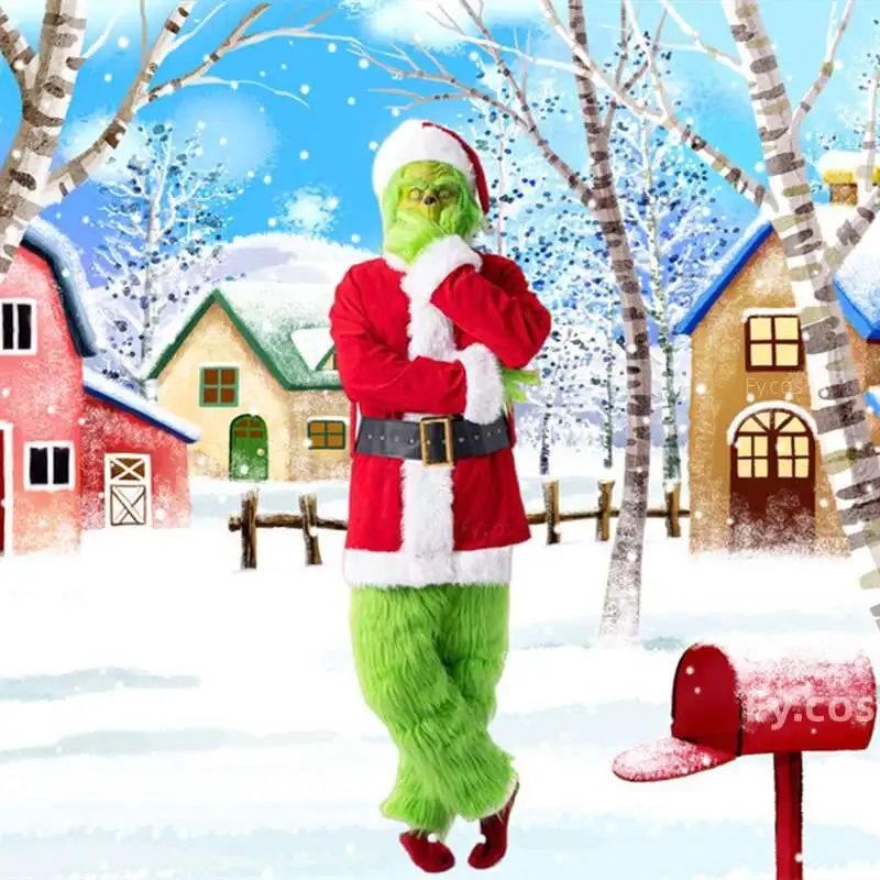 

Green Monster Costume for Men 7pcs Christmas Costumes Deluxe Furry Adult Santa Suit Green Outfit christmas gift decoration