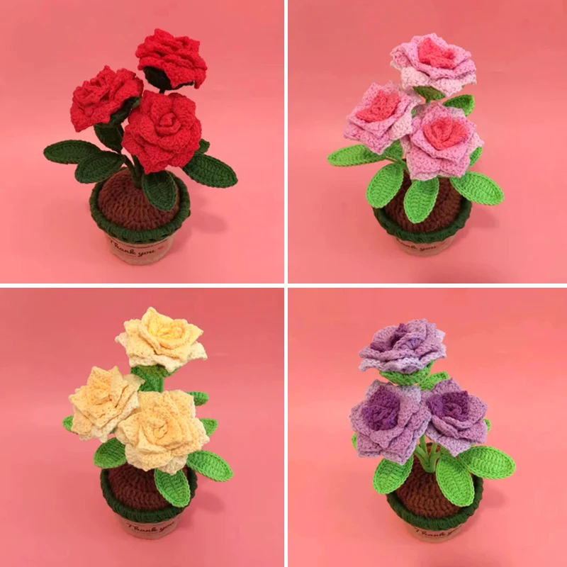 

Finished Handmade Rose Flower Potted Crochet Knitting Wool Yarn Rose Artwork For Women Mom Wife Birthday Gift Home Decoration